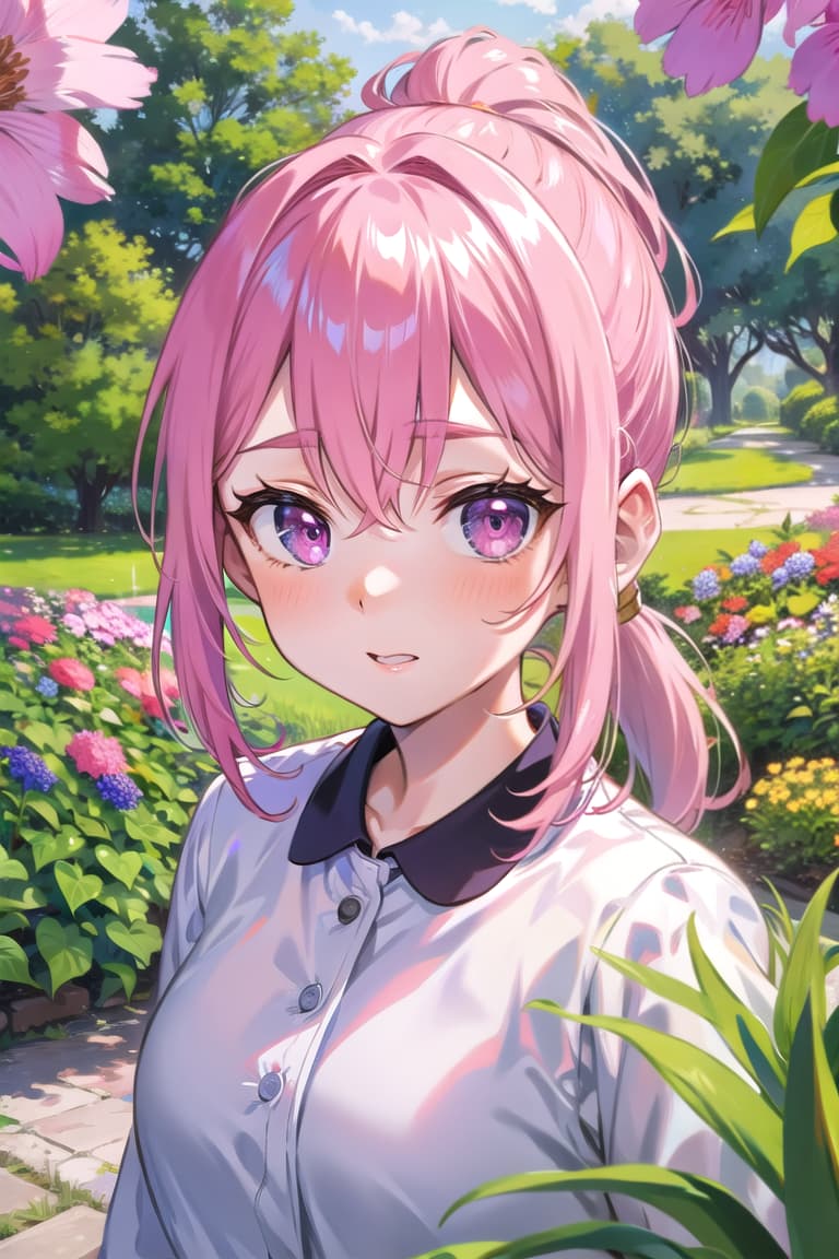 r 18, , middle , ,random situation, pink haired ,ponytail,large eyes,selfie in a botanical garden, surrounded by flowers, natural look