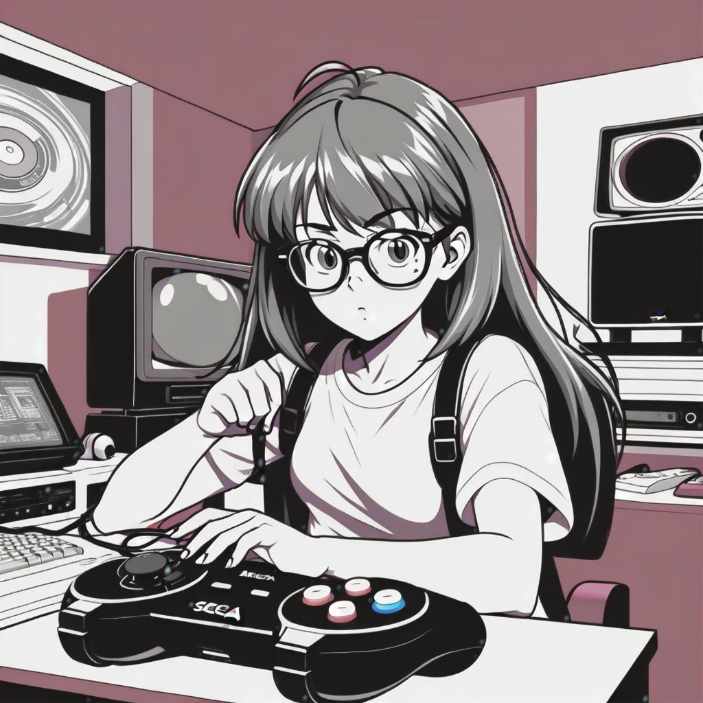  line art drawing nerdy girl playing sega mega drive, same nightmare. anime style . professional, sleek, modern, minimalist, graphic, line art, vector graphics