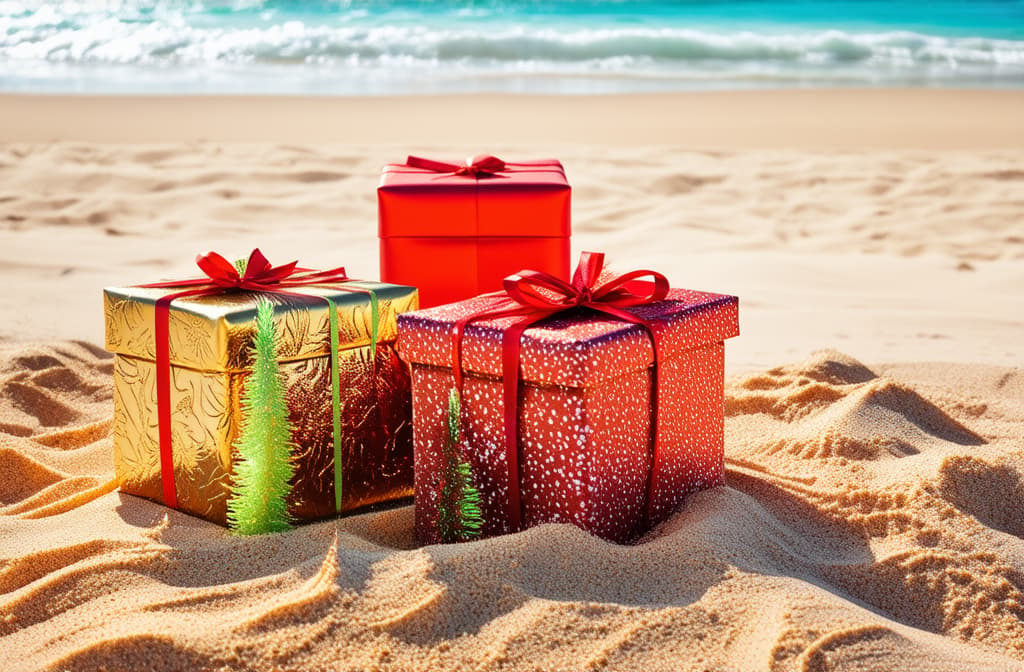  professional detailed photography, christmas presents in the sand on a tropical beach. concept of traveling on a christmas holiday and celebrating the holidays somewhere warm. shallow field of view. ar 3:2, (muted colors, dim colors, soothing tones), (vsco:0.3)