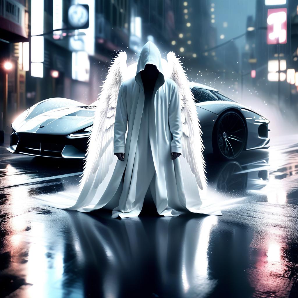  hyperrealistic art an angel in a white hood with no face in black sunglasses with large white wings sits on a black car in the rain . extremely high resolution details, photographic, realism pushed to extreme, fine texture, incredibly lifelike, hkmagic, glowneon