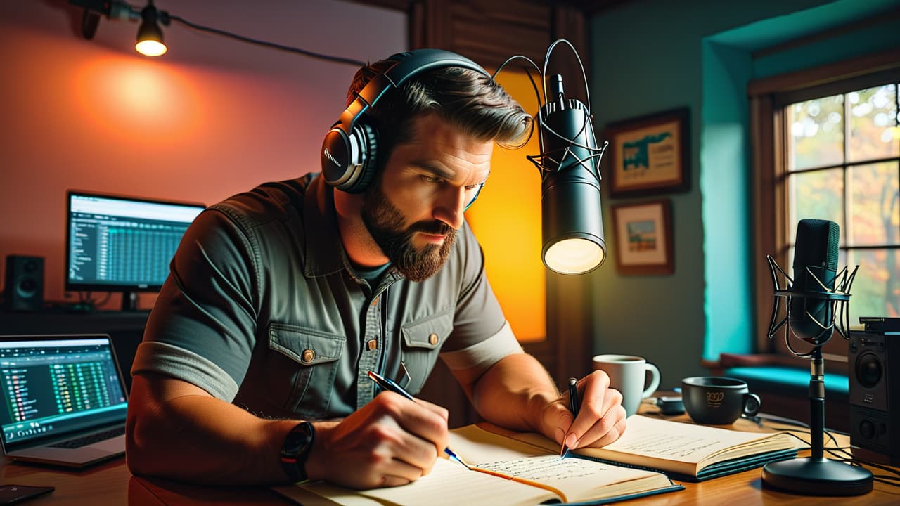  a cozy podcast studio with a soundboard, microphones, headphones, and a producer reviewing notes. a clock shows late hours, with coffee cups and scattered scripts, highlighting the dedication behind podcast production. hyperrealistic, full body, detailed clothing, highly detailed, cinematic lighting, stunningly beautiful, intricate, sharp focus, f/1. 8, 85mm, (centered image composition), (professionally color graded), ((bright soft diffused light)), volumetric fog, trending on instagram, trending on tumblr, HDR 4K, 8K