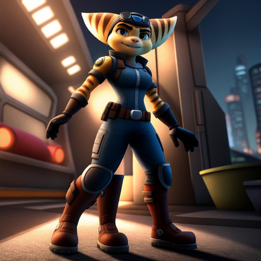  Ratchet and clank (insomniac) wearing combat suit, gloves and boots, open eyes, digital art, masterpiece, 4k, fine details,