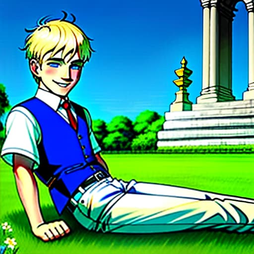  blue eyed god blonde man with short hair in the clothes of the deity sits on the grass and smiles