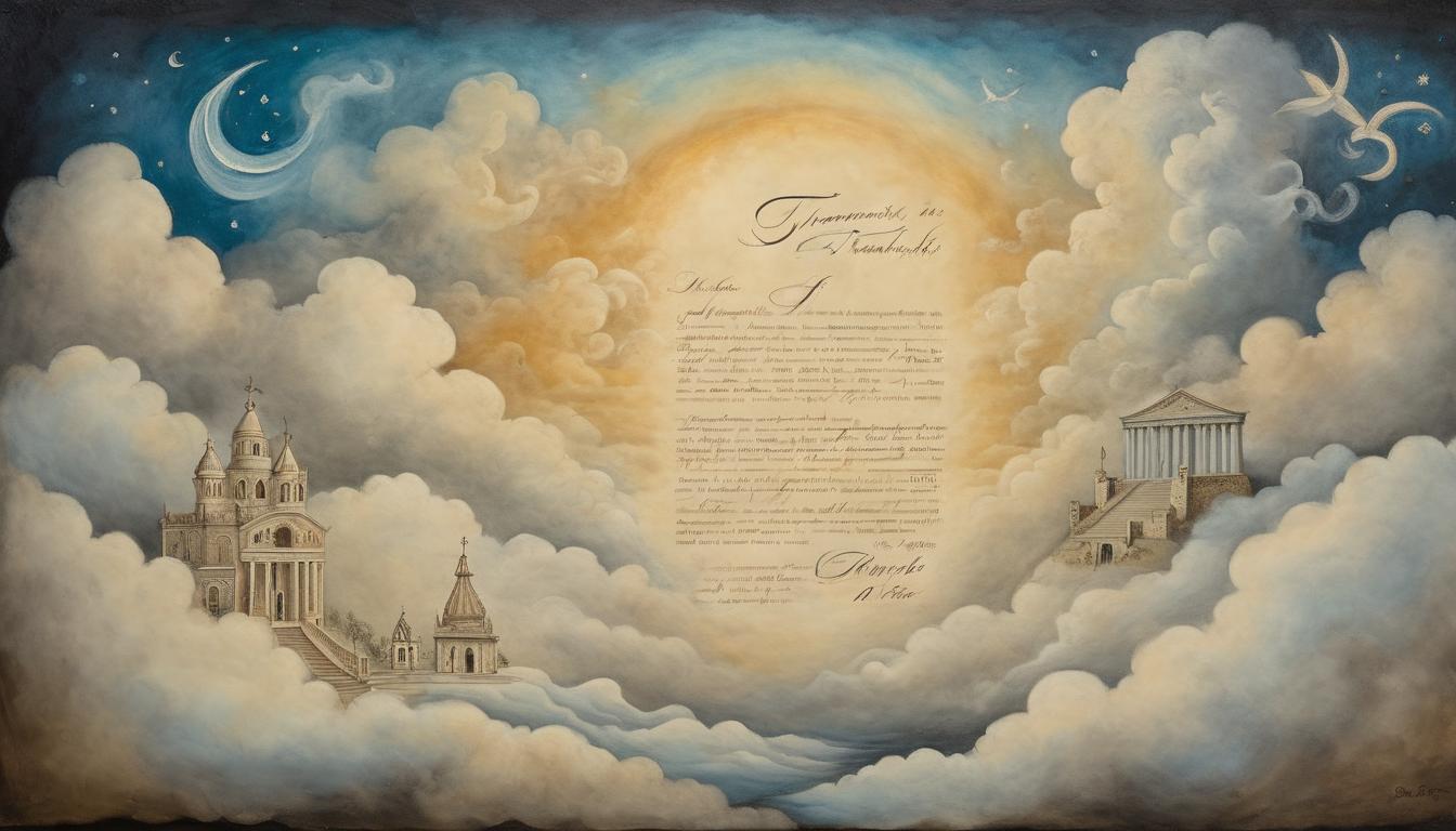  on parchment, surrealism++, rolling clouds forming into words, ethereal script, 'transition in purpose' glowing brightly, grand, celestial, divine message(mysterious, provocative, symbolic)++