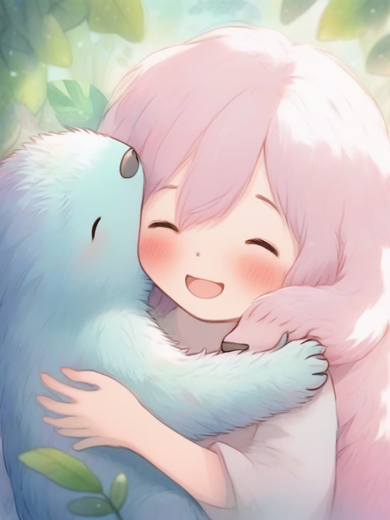  masterpiece,((( light tones))),one girl,{two toned hair color: (delicate pink hair color),((delicate light blue hair color))},fluffy hair,eyes closed,smiling,hugging a fluffy stuffed sloth,face focus,stardust background,dream world,high quality,16k