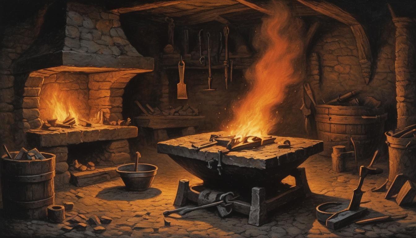  on parchment, surrealism++, an ancient blacksmith's forge with glowing embers, tools scattered, anvil showing signs of wear, forging fire, determination and resilience, dark ambiance(mysterious, provocative, symbolic)++