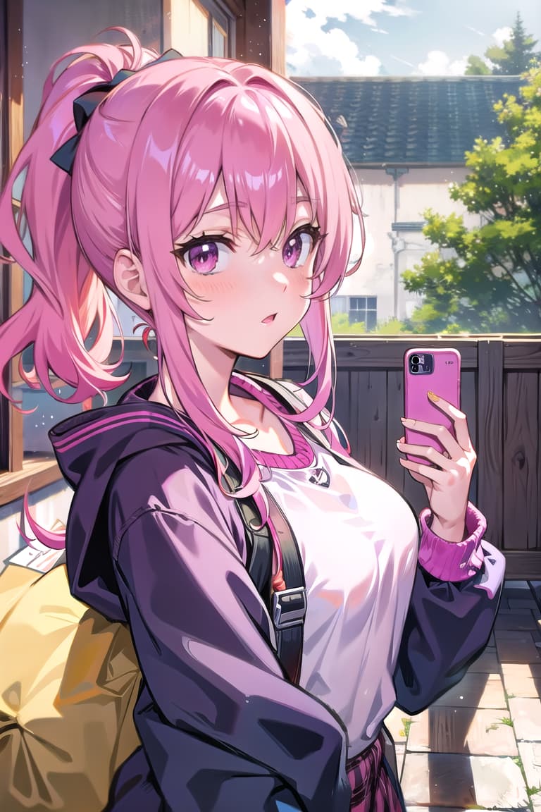  r 18, , middle , ,random situation, pink haired ,ponytail,large eyes,selfie in a liry, gles, studious look