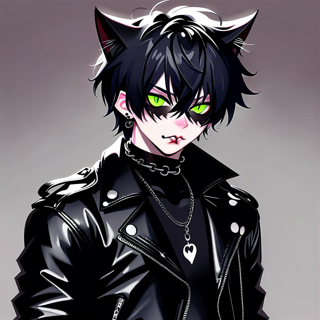  black cat boy in black leather jacket and piercing