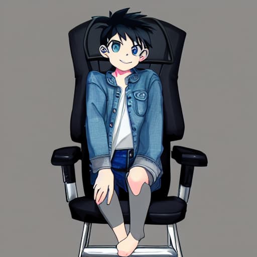  Cute anime chair, black denim jacket, grey jeans, grey ankle socks no shoes, blue eyes