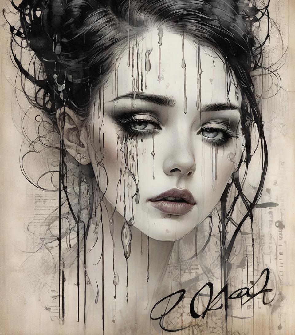  grunge style beautiful face, porcelain white, black hair, tears running down her cheek, harrison fisher and catrin welz stein, pen and ink lines, calligraphic lines, vivid colours, highly detailed . textured, distressed, vintage, edgy, punk rock vibe, dirty, noisy