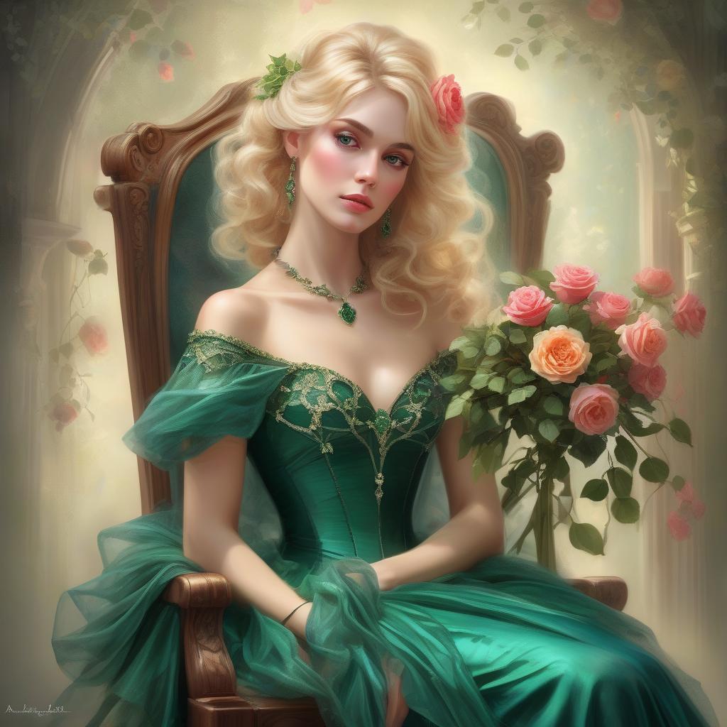  blond damsel adorned in an emerald tress dress, posed languidly upon a wooden chair, tenderly holding a vibrant bouquet of roses, elegance and beauty captured in a fantasy art style portrait by anna katharina block, portrayed in a stunning digital painting, ultra clear, ethereal nature, capturing the baroque essence of the victorian era, fantastic realism, captivating digital stencil