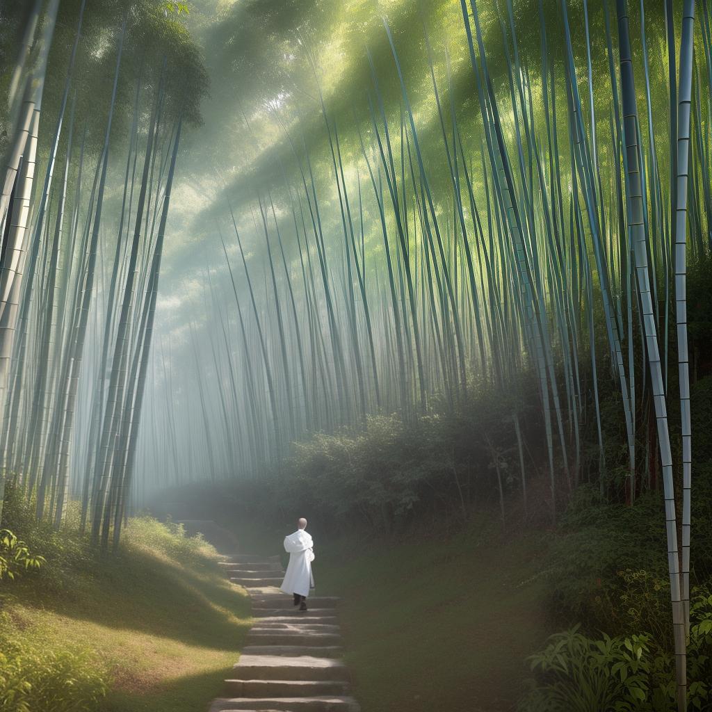  masterpiece, best quality, (fidelity:1.4), best quality, masterpiece, super high resolution, poster, art, light penetrating bamboo forest, the back of a monk, light and elegant, wind blowing a corner of his robe