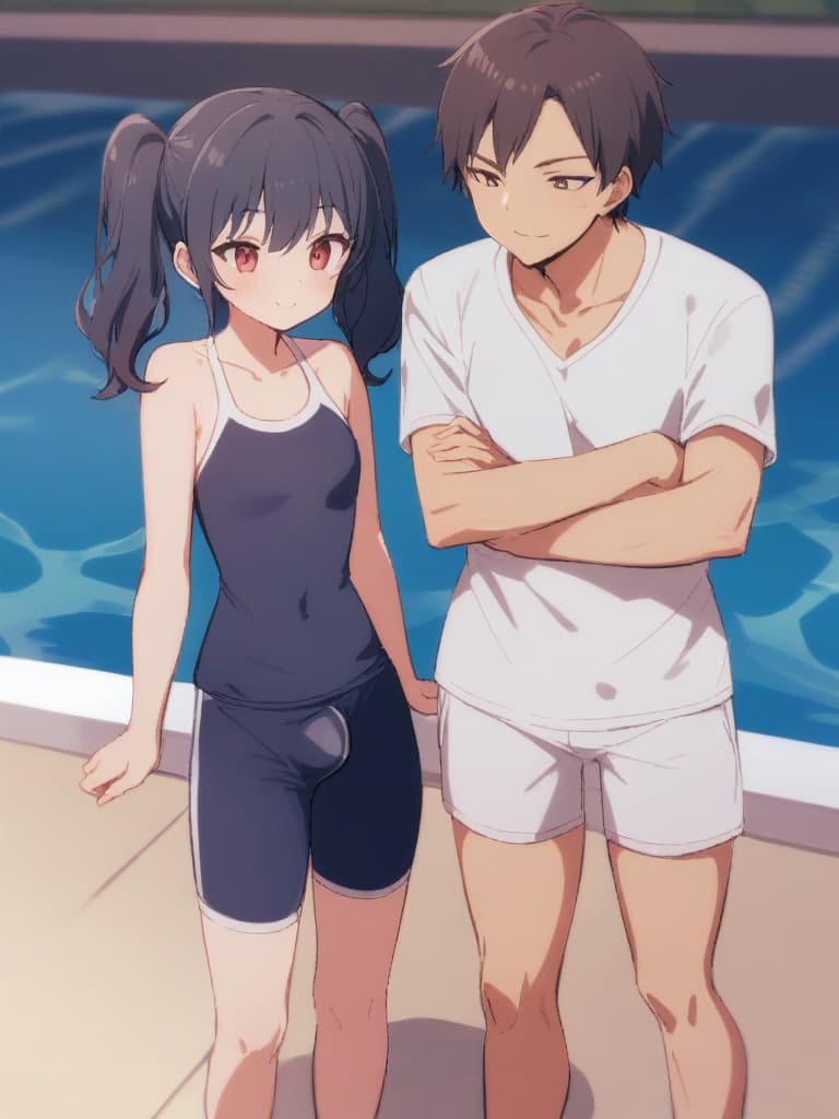  women's elementary students (male), twin tails, cute smiles, (rich s), low stature, dark blue swimwear, old swimwear, , simple (upward), male , (bulge), shaped clear , front , whole body, pool side,