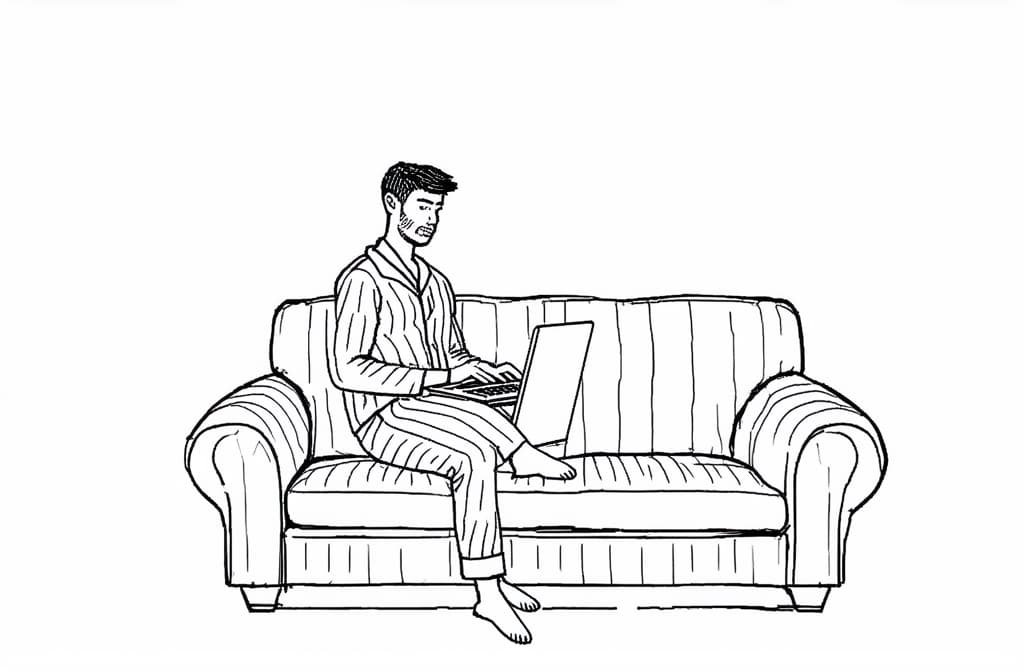  contour, very simple image in one unbroken black ink line, single line of man wearing pyjamas using laptop on couch ar 3:2 using a single continuous black line ink brushon white background, drawing should be created without lifting the pen, recognizable features of man wearing pyjamas using laptop on couch ar 3:2 in one unbroken line