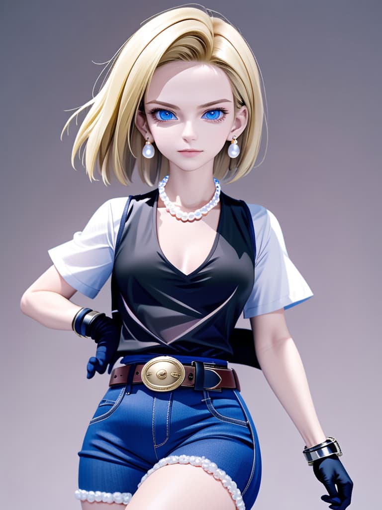   girl, DB_Android_18, a woman, jewelry, blond hair, earrings, blue eyes, belt, necklace, blue , black fingerless gloves, white shirt, vest, hoop earrings, short sleeves, celet, pearl necklace, black belt, belt buckle,