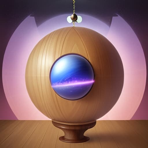  Transparant ball with a dreamscape inside, ball rests on a curved wooden pedestal