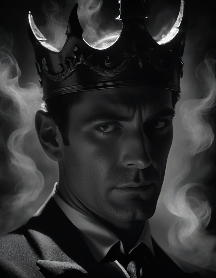  film noir style lucifer's face in close up, fiery tears streaming down his cheeks, a black crown. . monochrome, high contrast, dramatic shadows, 1940s style, mysterious, cinematic