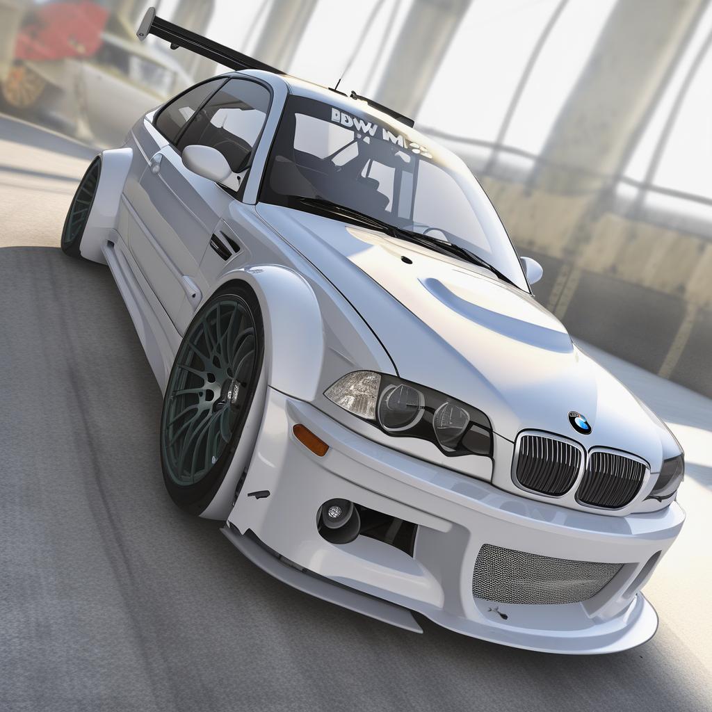  create image of bmw m3 e46 gtr, wide body kit, extended bumpers, studio background, unreal render, realistic