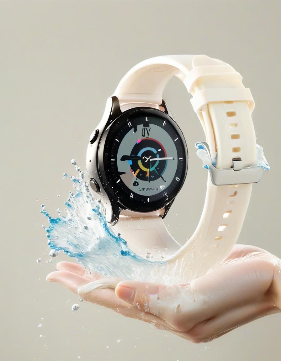  around the smart watch splashing water, light background, film photography style