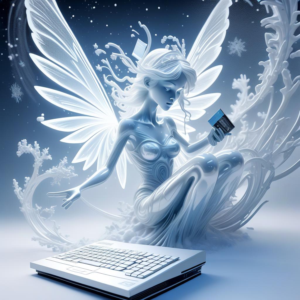  line art drawing highly detailed translucent snow fairy with wings of snow (holding a computer video card:1.3), blizzard appear from the pages of a fairy tale book, translucent snow blizzard magic snow fairy reaching out of a 3d sculptured book; the souls escaping from book, motion blur action side profile shot of spirit tepping out of book, astrodimensional iridescent spirit of the light, disintegrating into starlight and holographic particulate trails of wispy snow by alberto seveso by giger liquid snow effects in wind :: wind blowing left 3d shading; pulsing with an inner light; clear and sparkling, smooth, flowing, shimmer; 16k resolution, hyperdetailed, intricate beautiful details . professional, sleek, modern, minimalist, graphic, lin