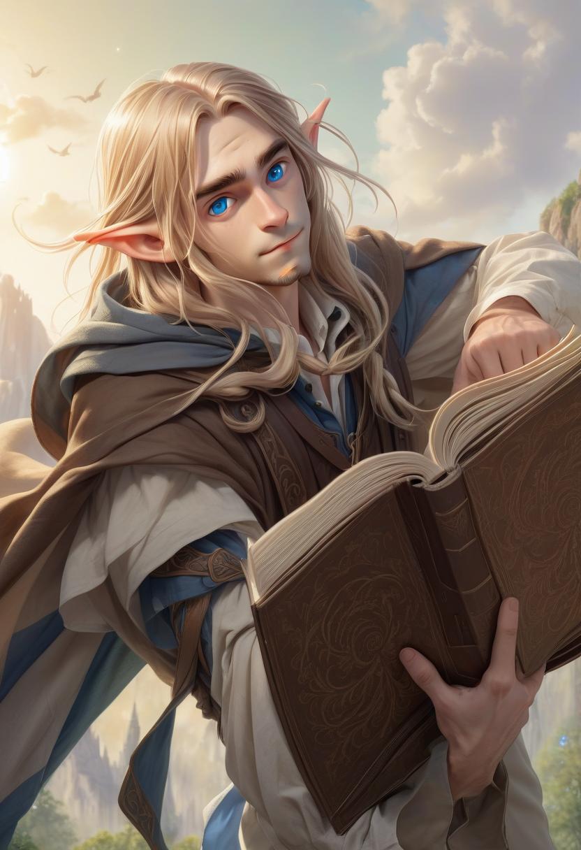  a beautiful young elf with long straw hair and blue eyes, dressed in a white shirt and beige pants, hangs a brown cloak on his shoulders, holds an open book in his hands