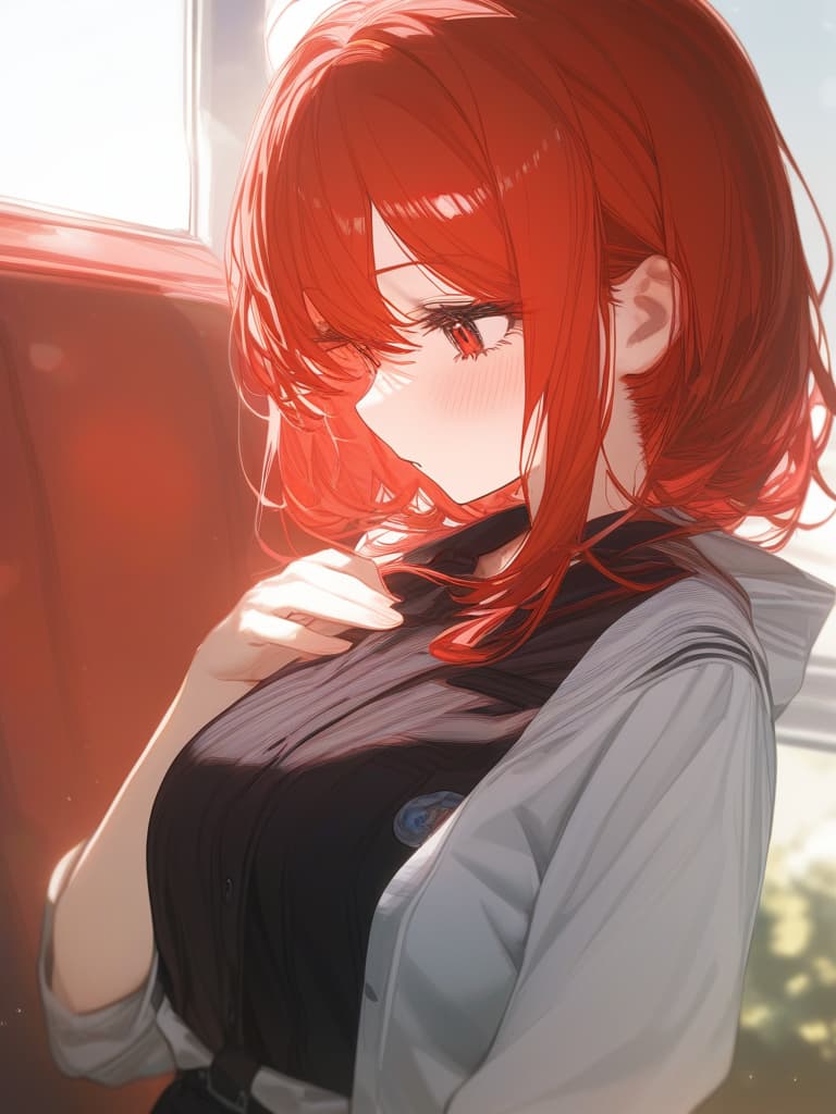  red hair bob, red eyes, school uniform, masterpiece, best quality,8k,ultra detailed,high resolution,an extremely delicate and beautiful,hyper detail