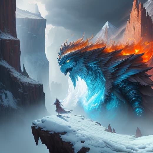  a heroic warrior girl in intricately detailed armor leaps dramatically from a towering cliff, her fiery sword raised high, radiating intense flames. the scene captures her in mid air, flying gracefully above an imposing ice golem monster, which stands oblivious at the base of the cliff. the girl has a long, flowing braid that trails behind her as she descends, and her cloak billows upwards, adding to the sense of motion. the surrounding landscape is covered in glistening snow, with rugged mountainous terrain visible. the perspective is a breathtaking top view, showcasing the epic scale of the scene with hyperrealism and vibrant colors. the art style is a digital painting that emphasizes dynamic action and intricate details, making the scene