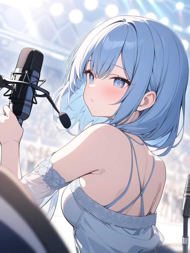  light blue hair, light blue, bob hair, singer, very popular, outdoor live, microphone, penlight, masterpiece, best quality,8k,ultra detailed,high resolution,an extremely delicate and beautiful,hyper detail