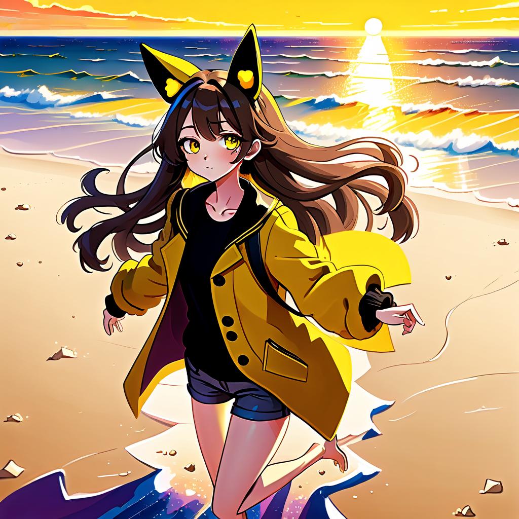  psychedelic style an anime style girl with anime ears walks along the beach, where soft sand extends to the horizon. she has long dark brown hair, which flies slightly in the breeze. her face, with pronounced jewish and slavic features, radiates lively energy. brown eyes are full of deep emotions, as if reflecting the vast expanses of the ocean. she has a bright yellow coat, which seems to shine, catching the eye and contrasting with the soft shades of the sunset. under her coat she wears a black shirt and black pants are decorated with yellow elements, creating a stylish and dynamic look. the sunset blooms in the sky, turning the surrounding space into a magical spectacle. the bright red rays of the sun fall on the terrain in stripes, high