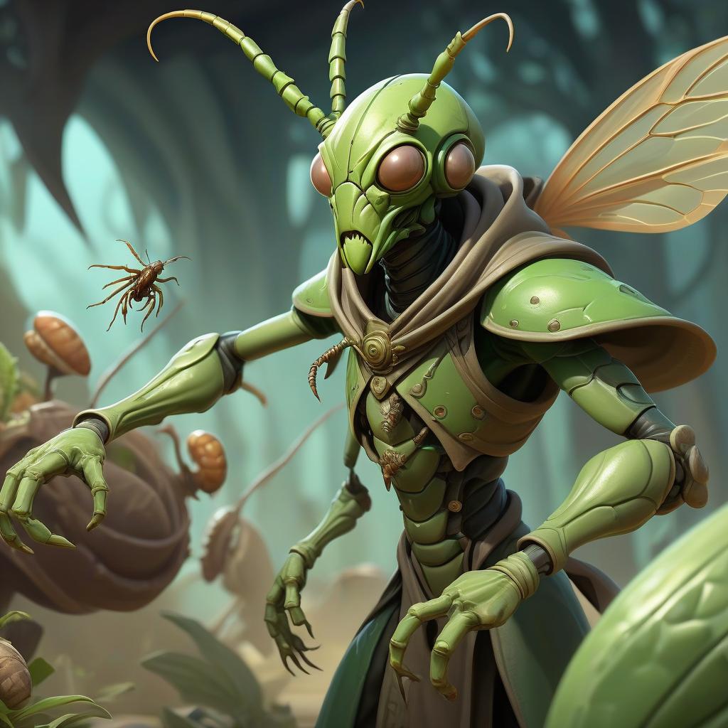  role playing game (rpg) style fantasy thri kreen insectoid monstrous humanoid race with mantis head ranger, four hands, lots of bugs and flying from his traveler cloak, hive background . detailed, vibrant, immersive, reminiscent of high fantasy rpg games