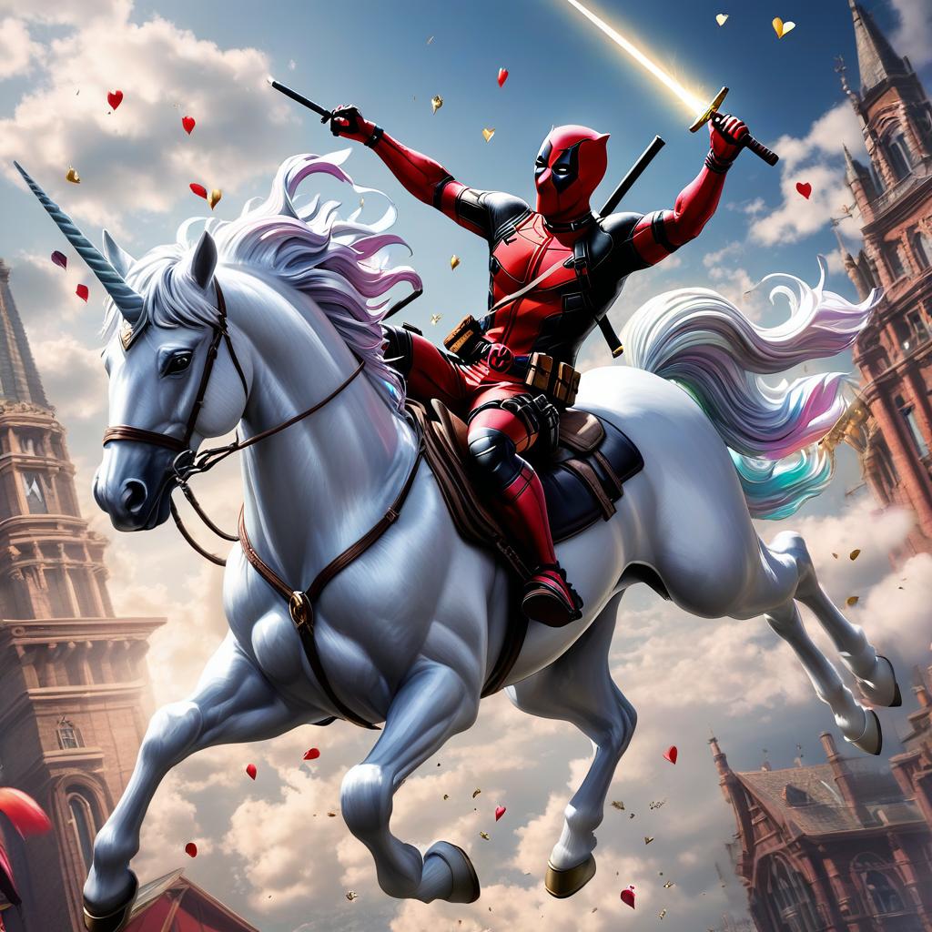  deadpool being bucked off a unicorn flying through the air, award winning, professional, highly detailed, masterpiece