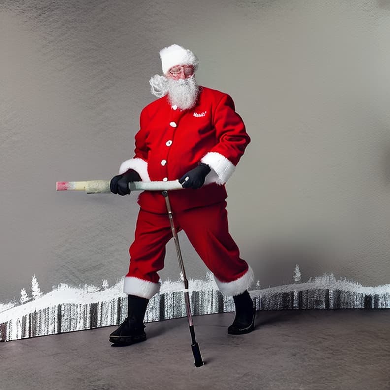  a man with a white beard mid to late 40s wearing a full red santa suit with white cuffs, black boots painting a long wall with a paint roller and an extension pole .