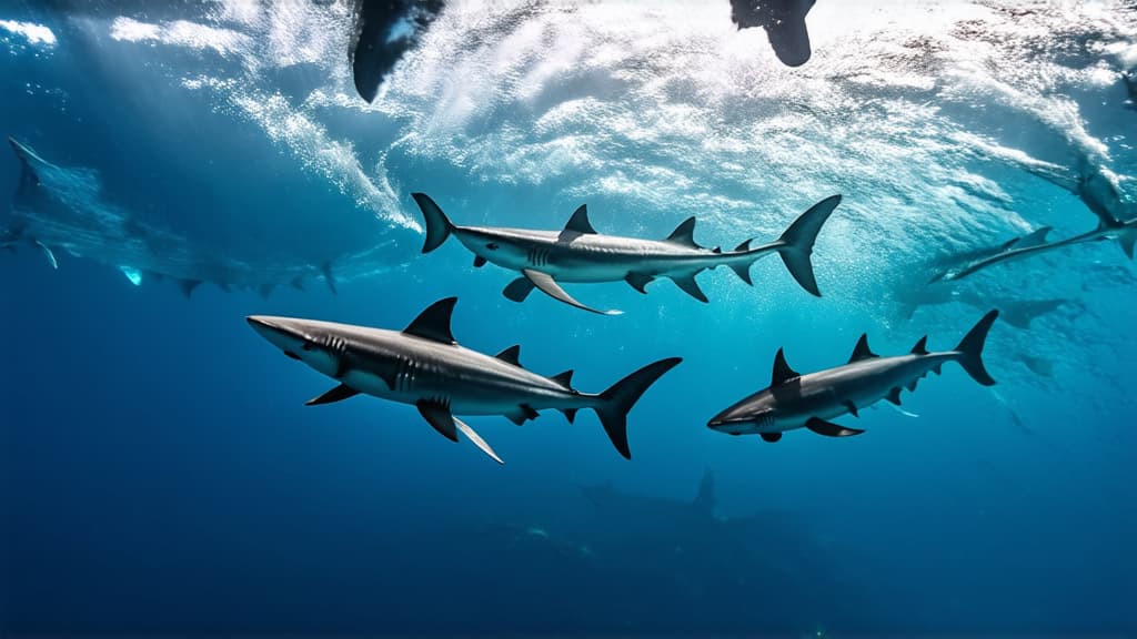  photo of a three sharks swarming in a feeding frenzy in circular pattern. the photo should be taken from a top view looking down on them. soft light with sun beams ar 16:9 {prompt}, maximum details