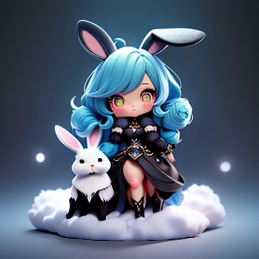  A girl with blue hair and her faithful friend, a black rabbit named Ears. The establishment of friendship and inseparability between Vika and Ushi. hyperrealistic, full body, detailed clothing, highly detailed, cinematic lighting, stunningly beautiful, intricate, sharp focus, f/1. 8, 85mm, (centered image composition), (professionally color graded), ((bright soft diffused light)), volumetric fog, trending on instagram, trending on tumblr, HDR 4K, 8K