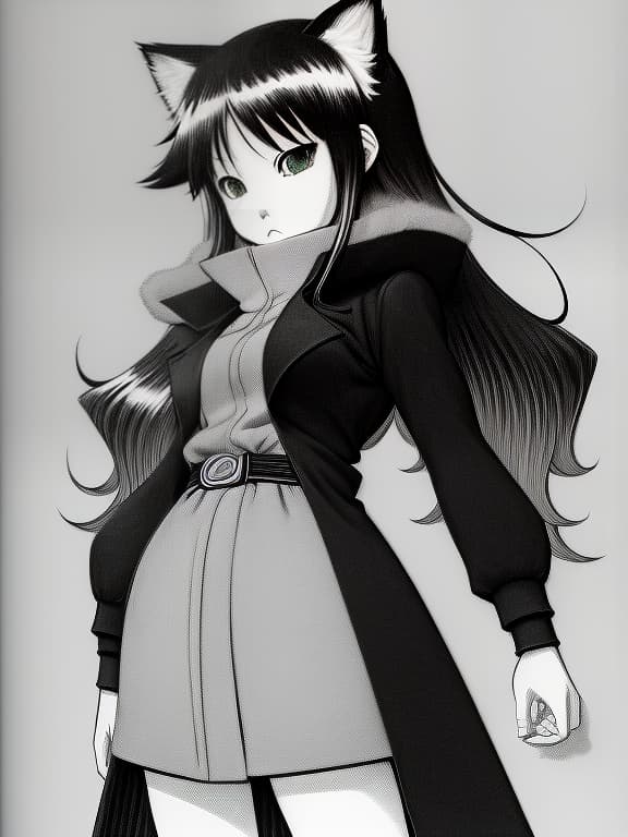  kawai cat girl, mango, anime, in a winter black coat, with fuchsia hair, with green eyes, in the hands of coffee, on a blurred background, (manga style, yusuke murata, satoshi kon, ken sugimori, hiromu arakawa), pencil drawing, (b&w:1.2), low detail, sketch, concept art, anime style, line art, webtoon, manhua, chalk, hand drawn, defined lines, simple shades, simplistic, manga page, minimalistic, high contrast, precision artwork, linear compositions, scalable artwork, digital art, high contrast shadows