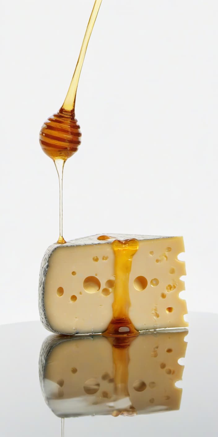  food photography style cheese is watered with honey, there is a reflection from cheese, white background . appetizing, professional, culinary, high resolution, commercial, highly detailed, film photography style