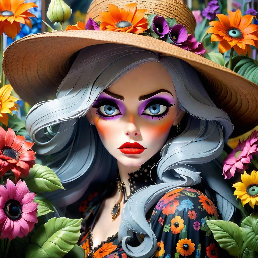  gothic style highly detailed acrylic painting, (double exposure:1.4), depicting a friendly elderly witch woman in a large straw hat decorated with beautiful flowers. a look at the viewer, expressive sly eyes. (anthropomorphic large flowers with mouths and eyes grow in patterned flower pots, they talk:1.5). (flower shop:1.3). the realistic painting conveys the intricate details of a woman's face and clothes, as well as the bright colors and faces of the surrounding flowers. the composition in the form of a long frame gives the scene a sense of depth, while the studio lighting enhances each brush stroke. the style of the works of jan van eyck and paul cezanne. this piece will undoubtedly be a great addition to any art collection. . dark, myst