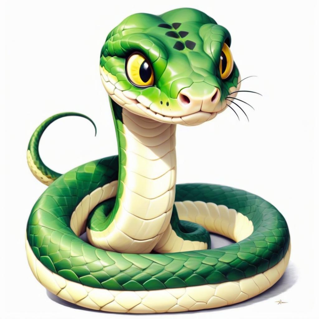  a dark green snake with detailed scaly skin and a piercing yellow eye sits like a full length statue so that it can be seen entirely