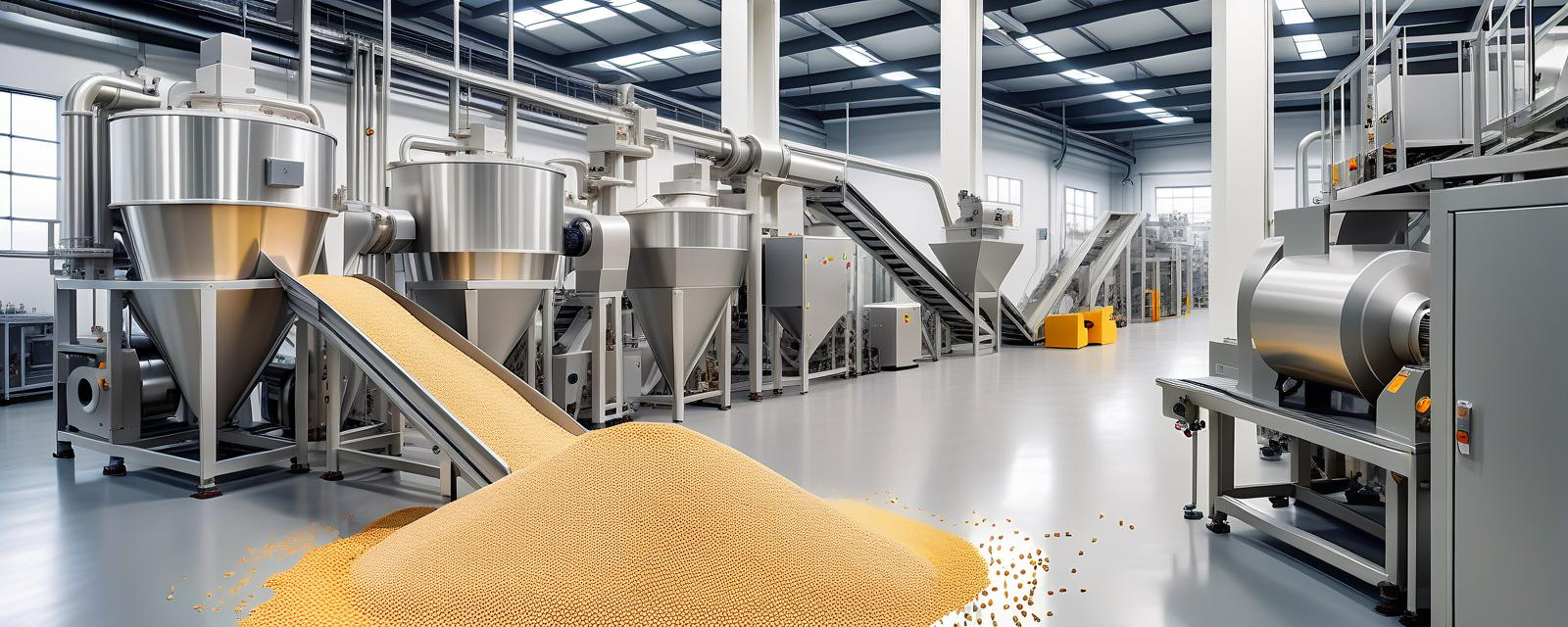  hdr photo of production line at the plant for the production of dry food for cats and dogs. white walls new equipment and smooth feed pellets . high dynamic range, vivid, rich details, clear shadows and highlights, realistic, intense, enhanced contrast, highly detailed, perfect hands