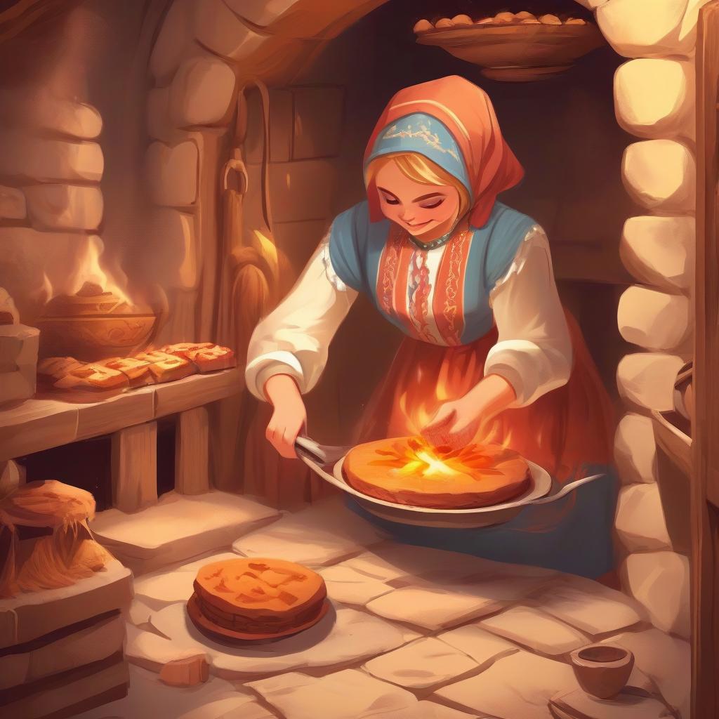  masterpiece, the best quality, a russian woman in traditional clothes prepares cakes in a stone oven, (fast and dexterous movements: 1.2), a very light smile, tense, piercing eyes, blue eyes, (decisive expression: 0.9), flowing blond hair, brown eyes, dressed in traditional russian dress, cooks in the open air, inside a wooden castle, against the background of an ancient russian throne room in a wooden castle, cartoon style, cute, modernism,