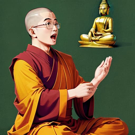 Slippery-headed, bespectacled Buddhist monk with hands together chanting sutras to a statue of Buddha, male, Pop.