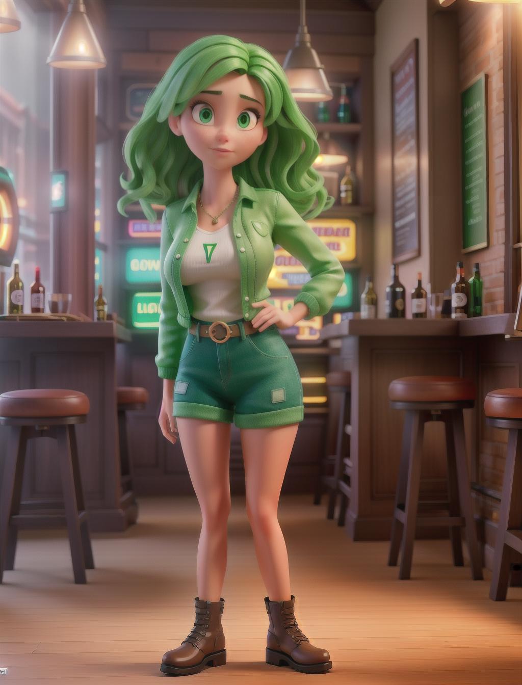  a pretty girl with green eyes standing in a bar, looking sad, dynamic background, bright colors, next to a jukebox hyperrealistic, full body, detailed clothing, highly detailed, cinematic lighting, stunningly beautiful, intricate, sharp focus, f/1. 8, 85mm, (centered image composition), (professionally color graded), ((bright soft diffused light)), volumetric fog, trending on instagram, trending on tumblr, HDR 4K, 8K