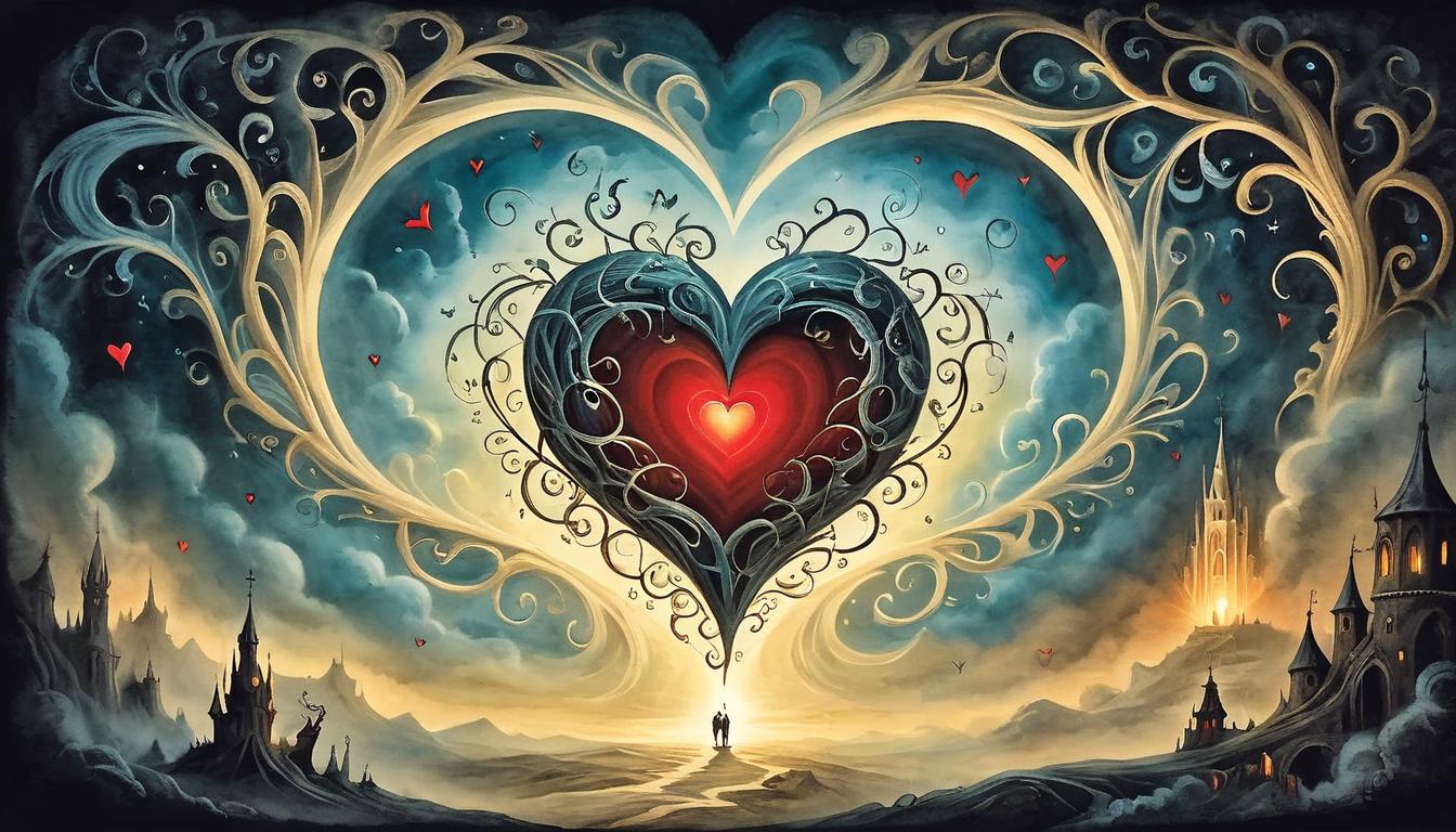  on parchment, surrealism+++, heart surrounded by glowing light, tendrils of energy stretching out, intense emotional weight, atmosphere of enduring love(mysterious, provocative, symbolic,muted color)+++