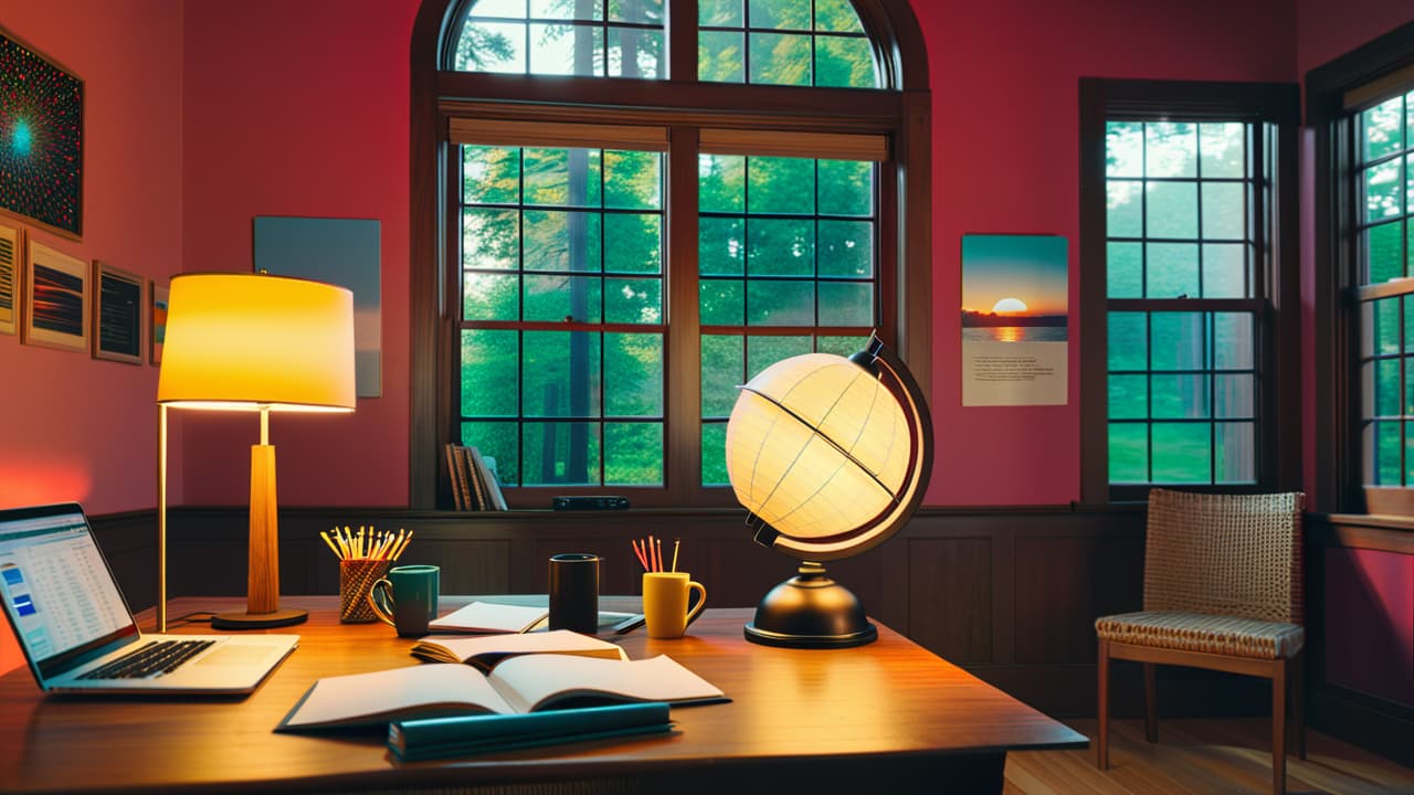  a serene home office with a laptop on a wooden desk, colorful educational charts on the walls, a cup of coffee, and a cozy chair. sunlight streams through a window, illuminating a globe. hyperrealistic, full body, detailed clothing, highly detailed, cinematic lighting, stunningly beautiful, intricate, sharp focus, f/1. 8, 85mm, (centered image composition), (professionally color graded), ((bright soft diffused light)), volumetric fog, trending on instagram, trending on tumblr, HDR 4K, 8K