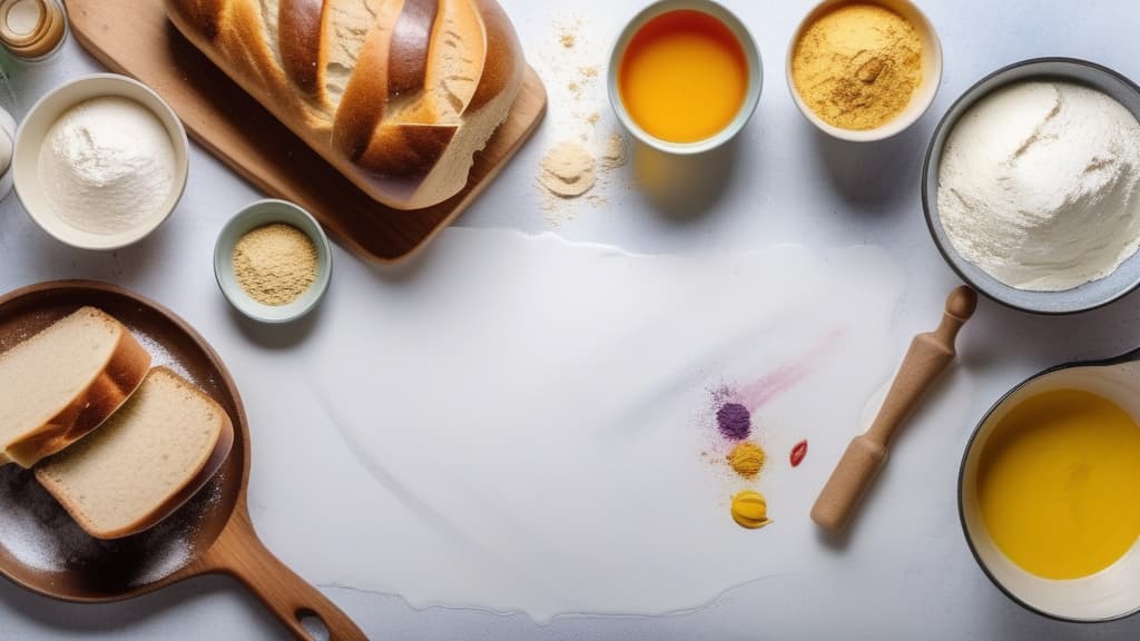  Create artwork Baking homemade bread on white kitchen worktop with ingredients for cooking, culinary background, copy space, overhead view ar 16:9 using watercolor techniques, featuring fluid colors, subtle gradients, transparency associated with watercolor art