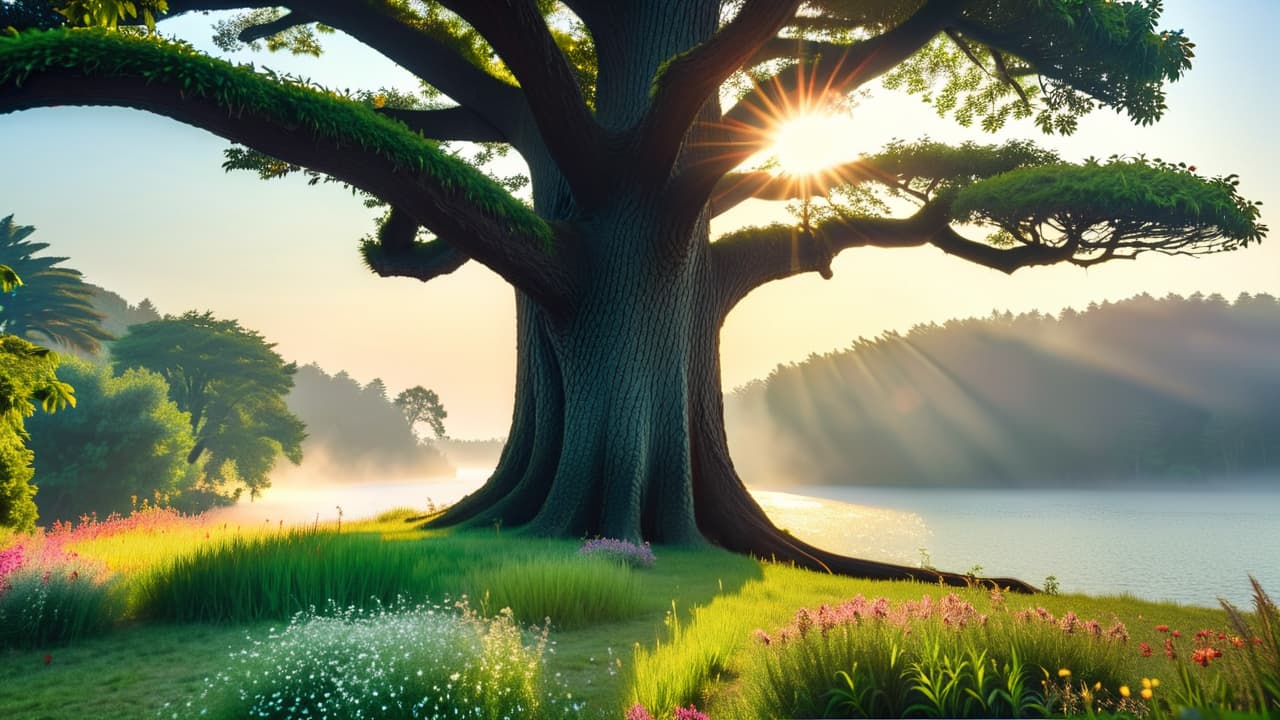  a serene landscape featuring a tranquil yoga scene under a large, ancient tree, surrounded by diverse plants and flowers, with a soft sunrise illuminating a peaceful path leading to a calm lake. hyperrealistic, full body, detailed clothing, highly detailed, cinematic lighting, stunningly beautiful, intricate, sharp focus, f/1. 8, 85mm, (centered image composition), (professionally color graded), ((bright soft diffused light)), volumetric fog, trending on instagram, trending on tumblr, HDR 4K, 8K