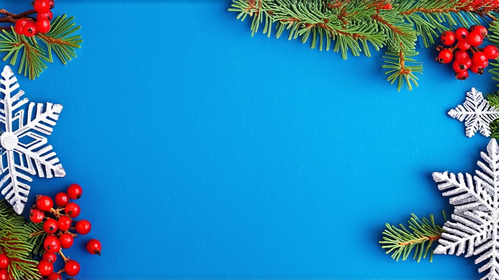  professional detailed photography, snowflakes and red rowan berries on blue background. flat lay, top view, copy space ar 16:9, (muted colors, dim colors, soothing tones), (vsco:0.3)