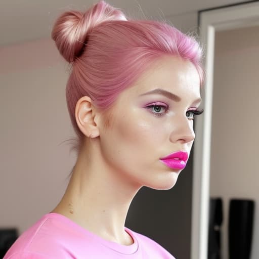  (--Style Photoralism, 16k) a close up of a woman with a pink shirt and a pink hair, pink shirt, pink lipstick, light pink lipstick, 🤬 🤮 💕 🎀, hair bun, ager , hyperrealistic , wearing a t-shirt, , beautiful makeup, hair tied in a bun, hair in a bun, updo, pink lips