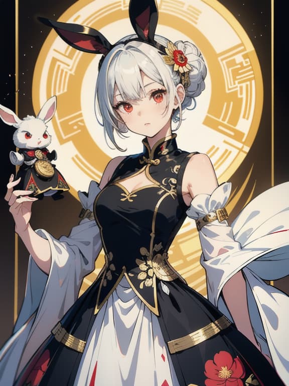  master piece, best quality, ultra detailed, highres, 4k.8k, white haired , wearing a chinese bun black short hair, and a long, detailed dress, red eyed, break a cute bunny eared , undefined, china dress, gold decoration dress, tight mini , break delicate and elegant, none, mecha musume