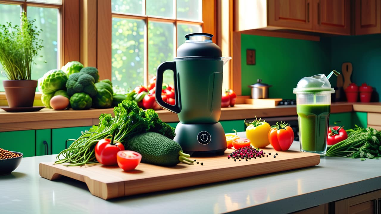  a vibrant kitchen scene featuring colorful vegetables, grains, and legumes. a chopping board with fresh herbs and spices, a blender filled with a green smoothie, and a cookbook opened to a plant based recipe. hyperrealistic, full body, detailed clothing, highly detailed, cinematic lighting, stunningly beautiful, intricate, sharp focus, f/1. 8, 85mm, (centered image composition), (professionally color graded), ((bright soft diffused light)), volumetric fog, trending on instagram, trending on tumblr, HDR 4K, 8K